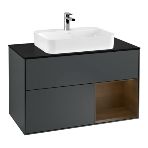 V&B Meuble sous-lavabo Finion 100, placage bois, chêne verni, avec façade laquée bleue