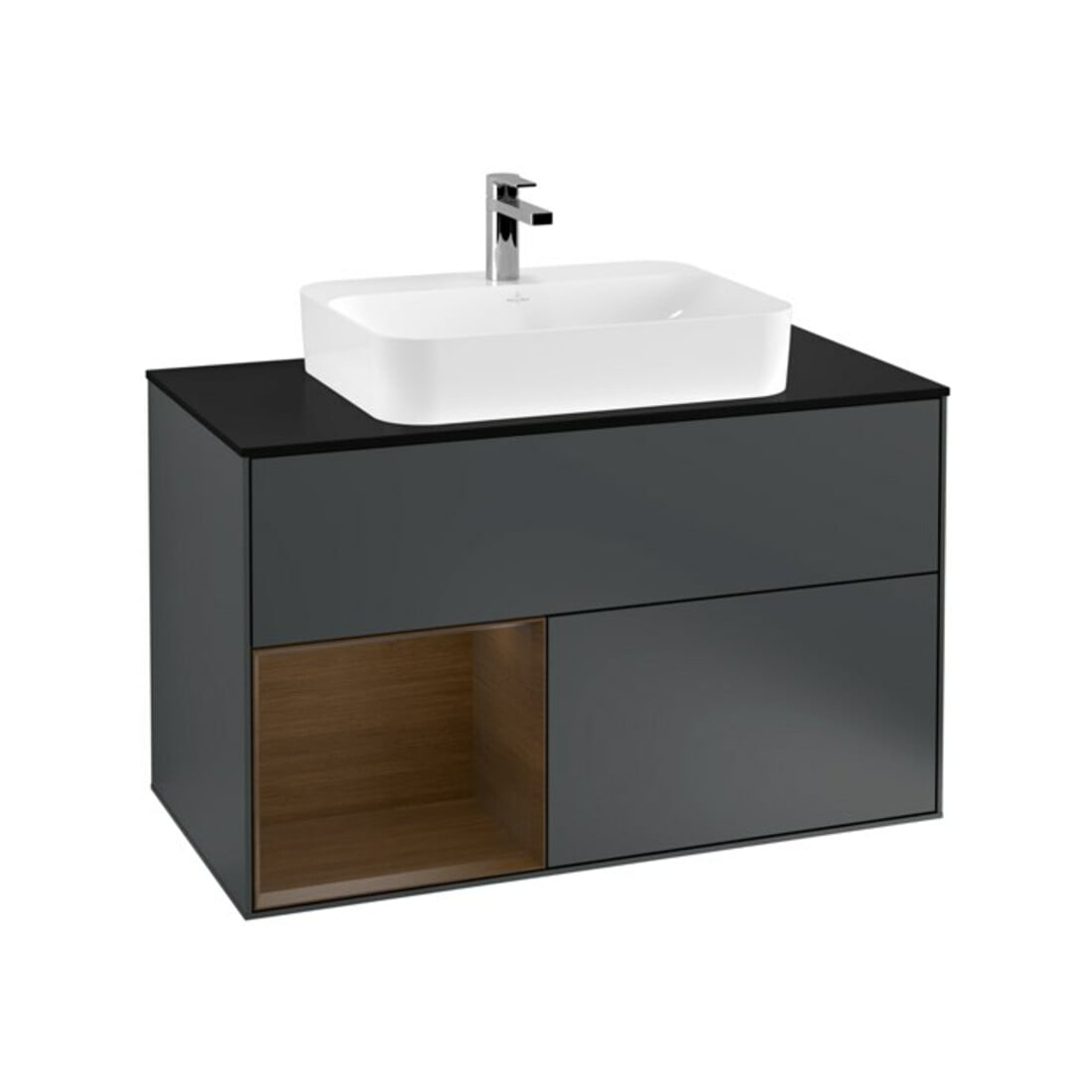V&B Meuble sous lavabo Finion 100, placage bois, côté gauche, avec plan en marbre et lavabo en céramique