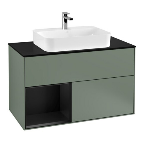 V&B Meuble sous lavabo Finion 100, placage bois, côté gauche, bleu mat laqué, olivier mat laqué