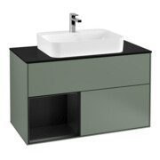 V&B Meuble sous lavabo Finion 100, placage bois, côté gauche, bleu mat laqué, olivier mat laqué