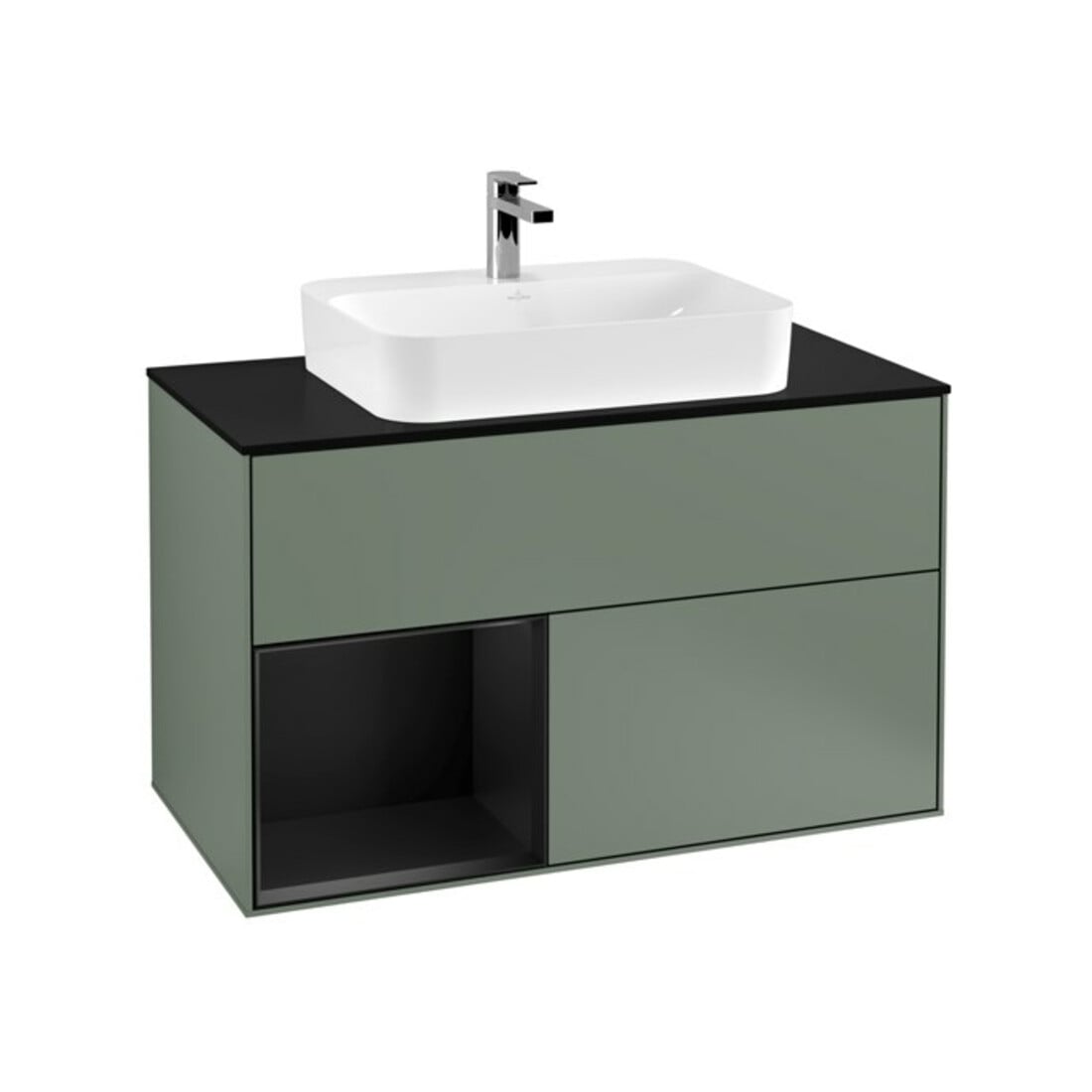 V&B Meuble sous lavabo Finion 100, placage bois, côté gauche, bleu mat laqué, olivier mat laqué