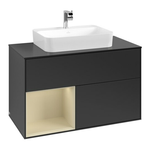 V&B Meuble sous lavabo Finion 100, placage bois m, façade laque gris clair m, corps laque bleu m