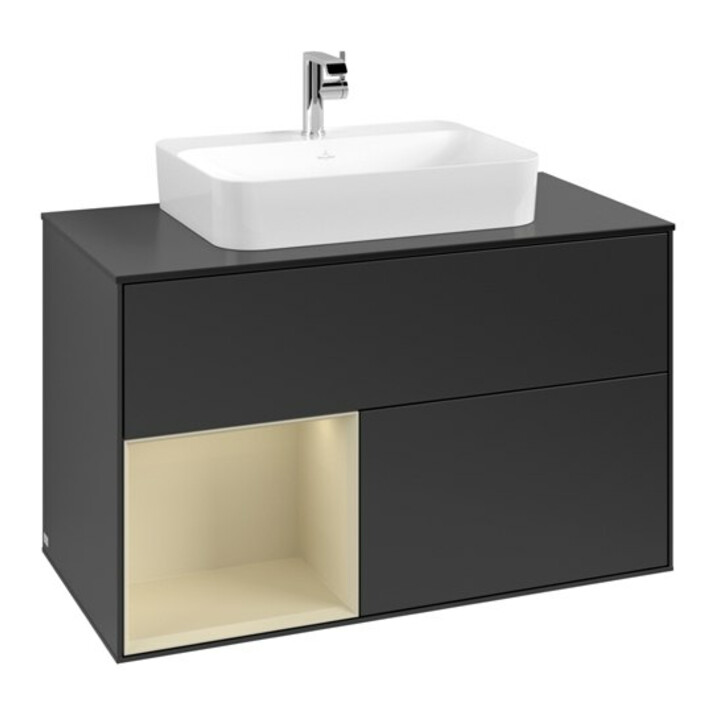 V&B Meuble sous lavabo Finion 100, placage bois m, façade laque gris clair m, corps laque bleu m