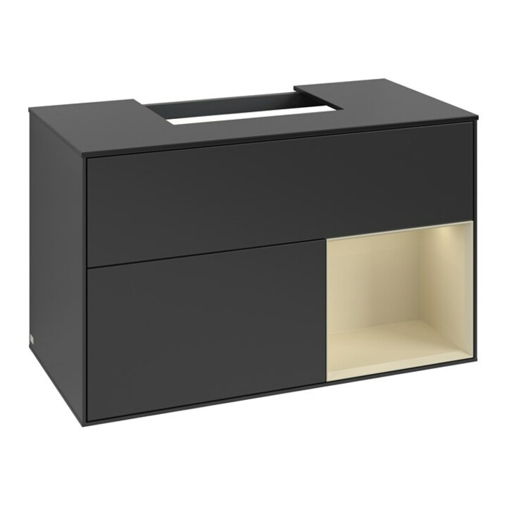 V&B Meuble sous lavabo Finion 100, placage bois m, rangement gris mat laqué, blanc mat laqué