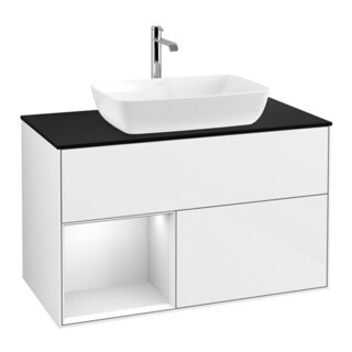 V&B Meuble sous lavabo Finion 100, placage bois m, rayure blanche m, laqué blanc brillant
