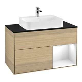 V&B Meuble sous lavabo Finion 100, placage bois m, tiroir blanc brillant, poignée ven