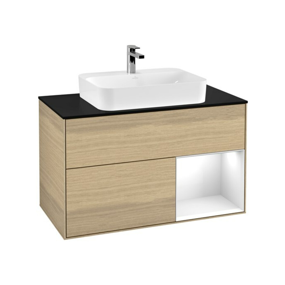 V&B Meuble sous lavabo Finion 100, placage bois m, tiroir blanc brillant, poignée ven