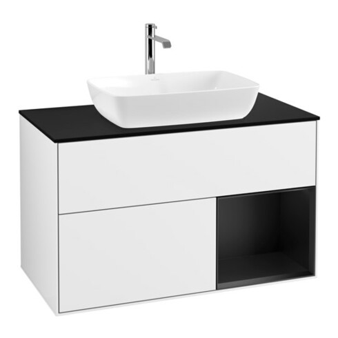 V&B Meuble sous lavabo Finion 100, placage bois m, tiroir bleu m, laqué blanc brillant
