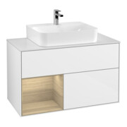 V&B Meuble sous lavabo Finion 100, placage bois m, tiroir gauche, blanc brillant laqué