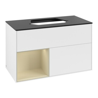 V&B Meuble sous lavabo Finion 100, placage bois marron, face laquée grise, corps laqué blanc