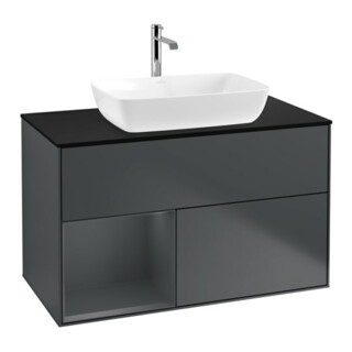 V&B Meuble sous lavabo Finion 100, placage bois mat, rangement médium mat lacqué, médium bleu mat lacqué