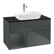 V&B Meuble sous lavabo Finion 100, placage bois mat, rangement médium mat lacqué, médium bleu mat lacqué