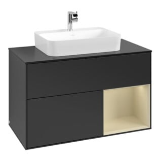 V&B Meuble sous lavabo Finion 100, placage bois merisier, laque gris, laque bleu