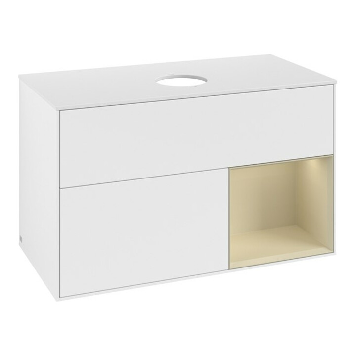 V&B Meuble sous lavabo Finion 100, placage bois moyen, rangement simple, laqué blanc moyen