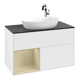 V&B Meuble sous lavabo Finion 100, placage bois moyen, rangement simple, laqué blanc, moyen lacqué