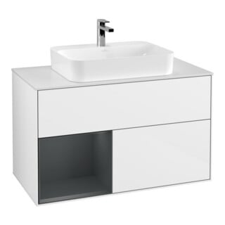V&B Meuble sous lavabo Finion 100, placage bois, poignée latérale, blanc brillant, laqué