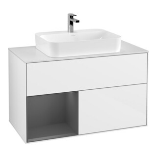 V&B Meuble sous lavabo Finion 100, placage bois, poignée métal, droite, blanc brillant, laqué