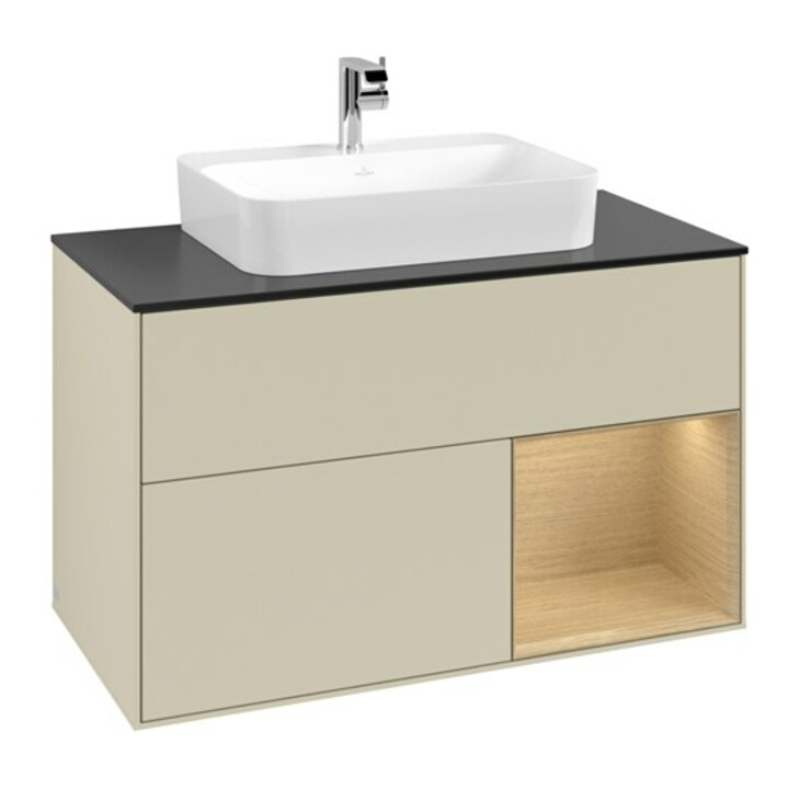V&B Meuble sous-lavabo Finion 100, placage bois, rangement à droite, gris mat laqué