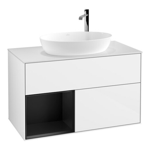 V&B Meuble sous lavabo Finion 100, placage bois, rangement blanc mat, laqué brillant blanc