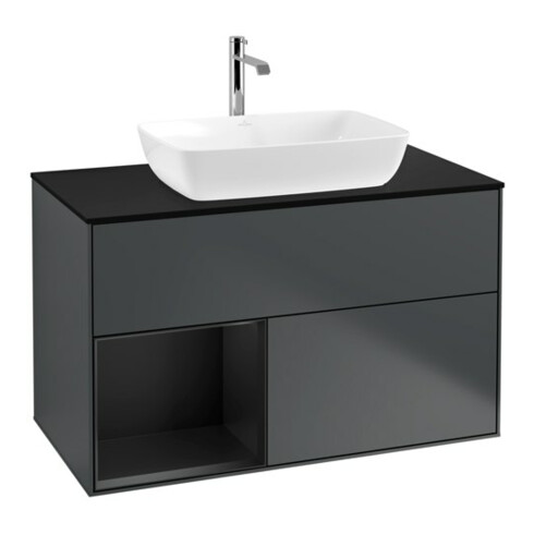 V&B Meuble sous lavabo Finion 100, placage bois, rangement blanc mat laqué, mat bleu mat laqué