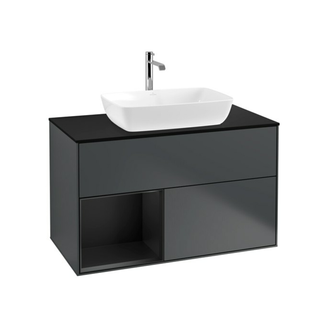 V&B Meuble sous lavabo Finion 100, placage bois, rangement blanc mat laqué, mat bleu mat laqué