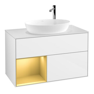 V&B Meuble sous lavabo Finion 100, placage bois, rangement doré mat, laqué blanc brillant