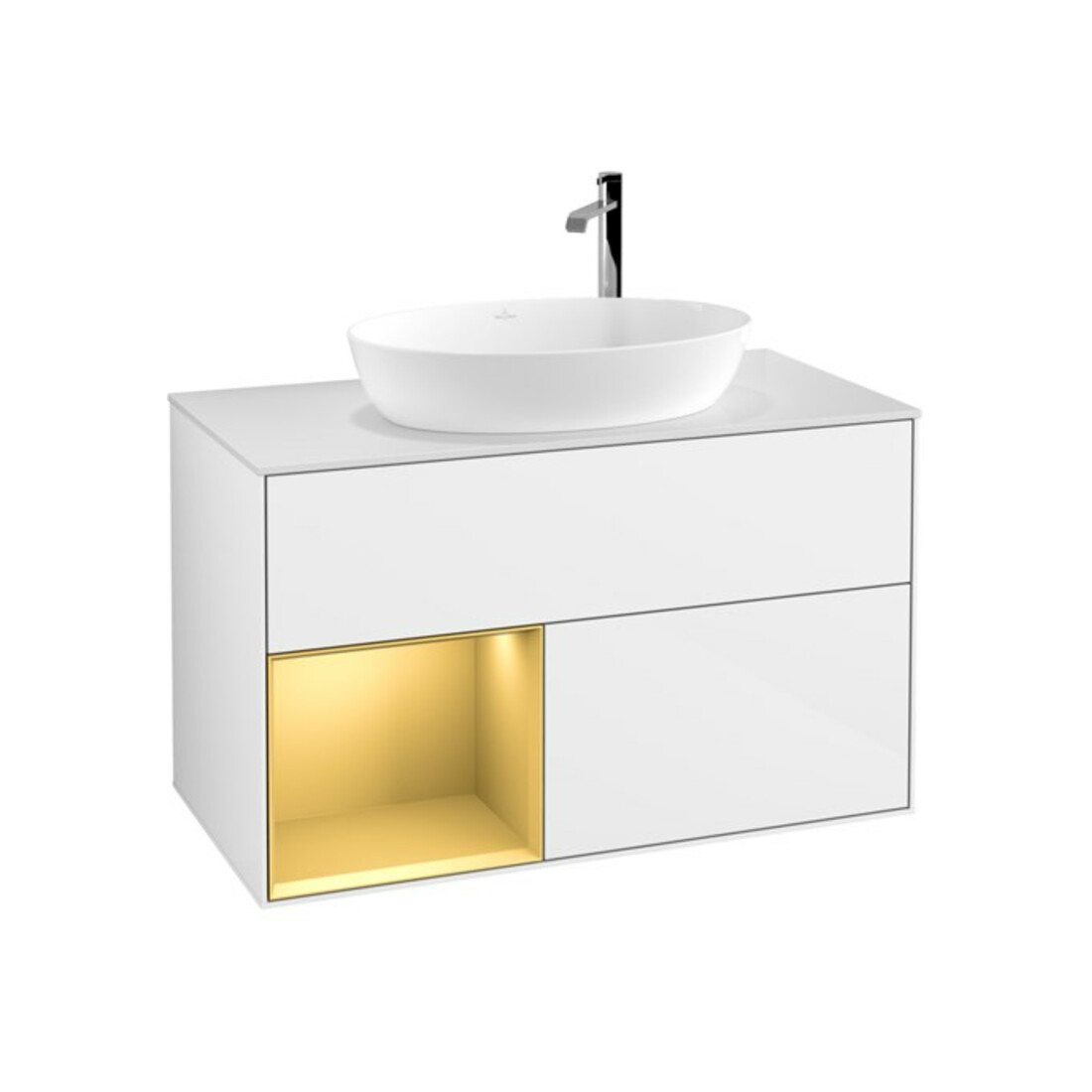 V&B Meuble sous lavabo Finion 100, placage bois, rangement doré mat, laqué blanc brillant
