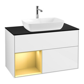 V&B Meuble sous lavabo Finion 100, placage bois, rangement doré mat, laqué blanc brillant
