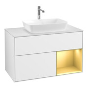 V&B Meuble sous-lavabo Finion 100, placage bois, rangement doré mat, laqué blanc brillant
