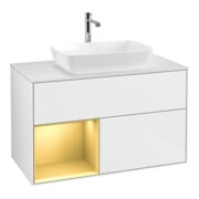 V&B Meuble sous lavabo Finion 100, placage bois, rangement doré mat, laque blanche brillante