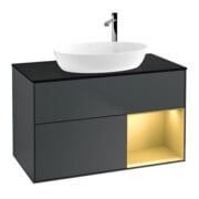 V&B Meuble sous lavabo Finion 100, placage bois, rangement doré mat, MDF bleu mat