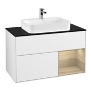 V&B Meuble sous lavabo Finion 100, placage bois, rangement droit, blanc brillant, laqué-1
