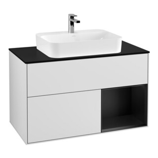 V&B Meuble sous lavabo Finion 100, placage bois, rangement droit bleu, blanc lacqué
