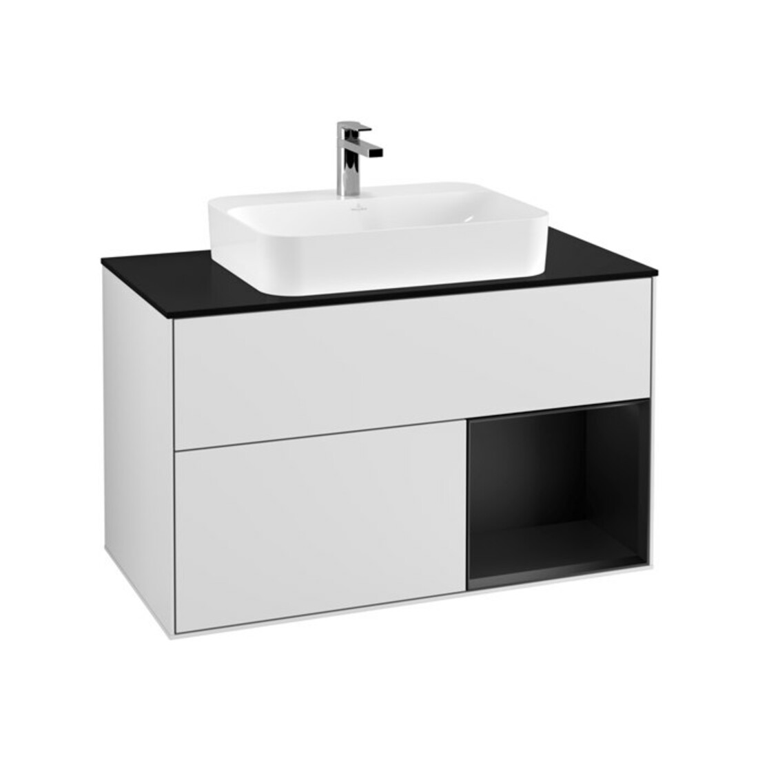V&B Meuble sous lavabo Finion 100, placage bois, rangement droit bleu, blanc lacqué