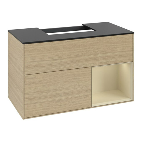 V&B Meuble sous lavabo Finion 100, placage bois, rangement droit, gris mat laqué, ouverture à bouton