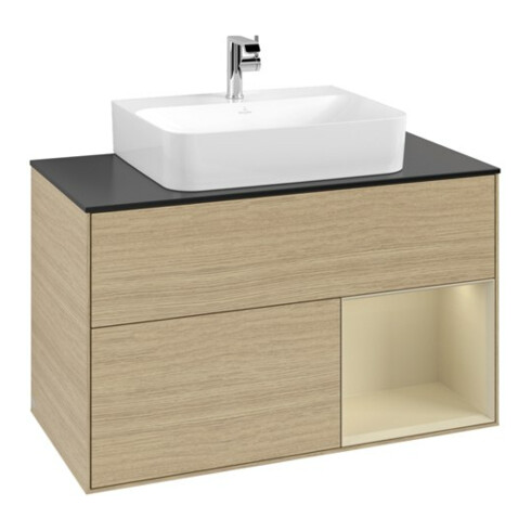 V&B Meuble sous lavabo Finion 100, placage bois, rangement droit, gris mat laqué, ouverture à bouton