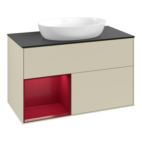 V&B Meuble sous-lavabo Finion 100, placage bois, rangement, laqué gris