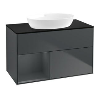 V&B Meuble sous lavabo Finion 100, placage bois, rangement médium laqué, médium bleu laqué