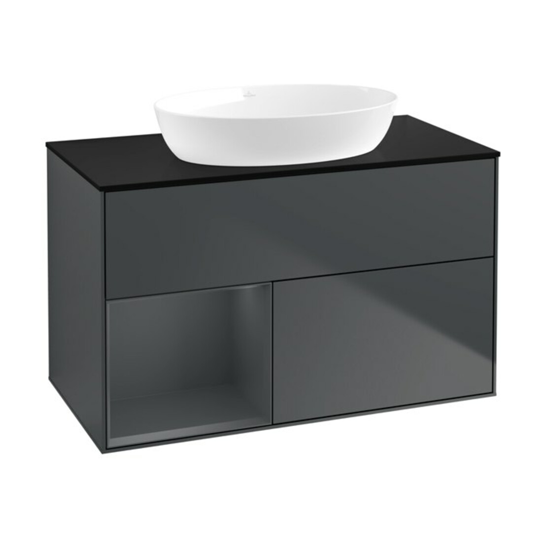 V&B Meuble sous lavabo Finion 100, placage bois, rangement médium laqué, médium bleu laqué
