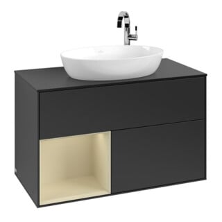 V&B Meuble sous lavabo Finion 100, placage bois, rangement simple, gris mat laqué, bleu mat laqué
