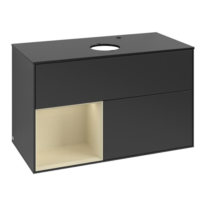 V&B Meuble sous lavabo Finion 100, placage bois, rangement simple, gris mat laqué, bleu mat laqué