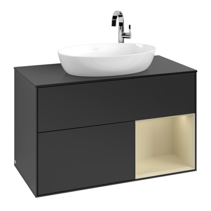 V&B Meuble sous lavabo Finion 100, placage bois, rangement simple, gris mat laqué, bleu mat laqué