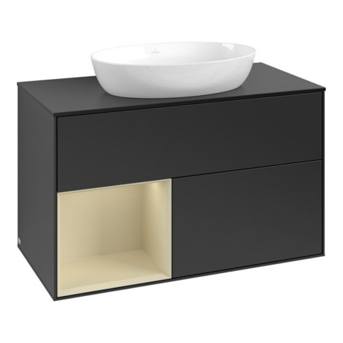 V&B Meuble sous lavabo Finion 100, placage bois, rangement simple, gris mat laqué, bleu mat laqué