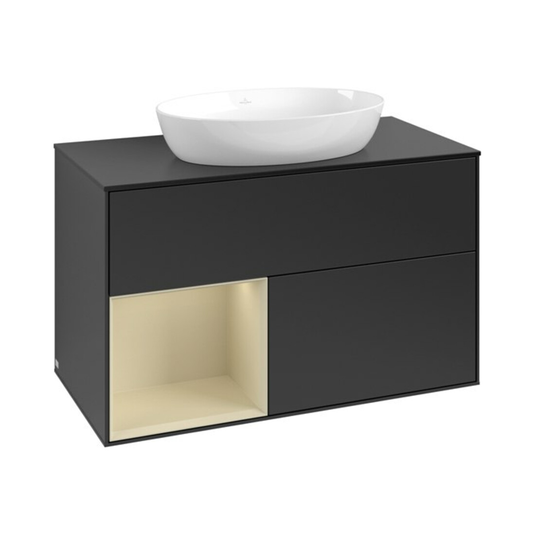 V&B Meuble sous lavabo Finion 100, placage bois, rangement simple, gris mat laqué, bleu mat laqué