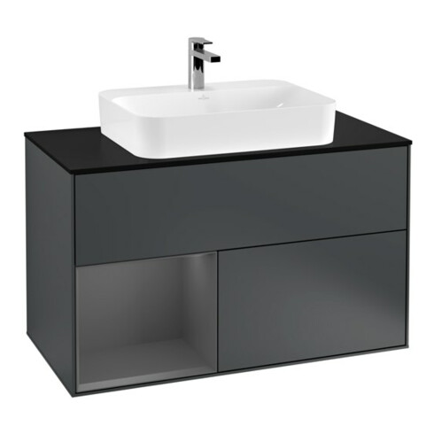 V&B Meuble sous lavabo Finion 100, placage bois, réglage latéral, modèle blanc mat Lac