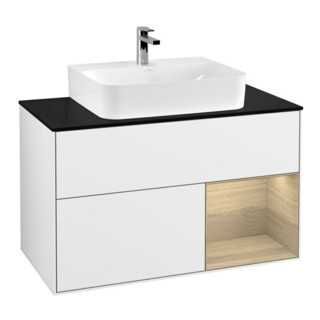 V&B Meuble sous lavabo Finion 100, placage bois, tiroir, blanc brillant laqué