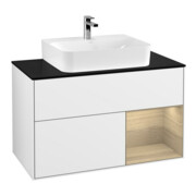V&B Meuble sous lavabo Finion 100, placage bois, tiroir, blanc brillant laqué