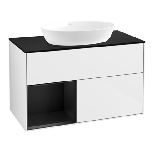 V&B Meuble sous-lavabo Finion 100, placage bois, tiroir bleu mat laqué, blanc brillant laqué