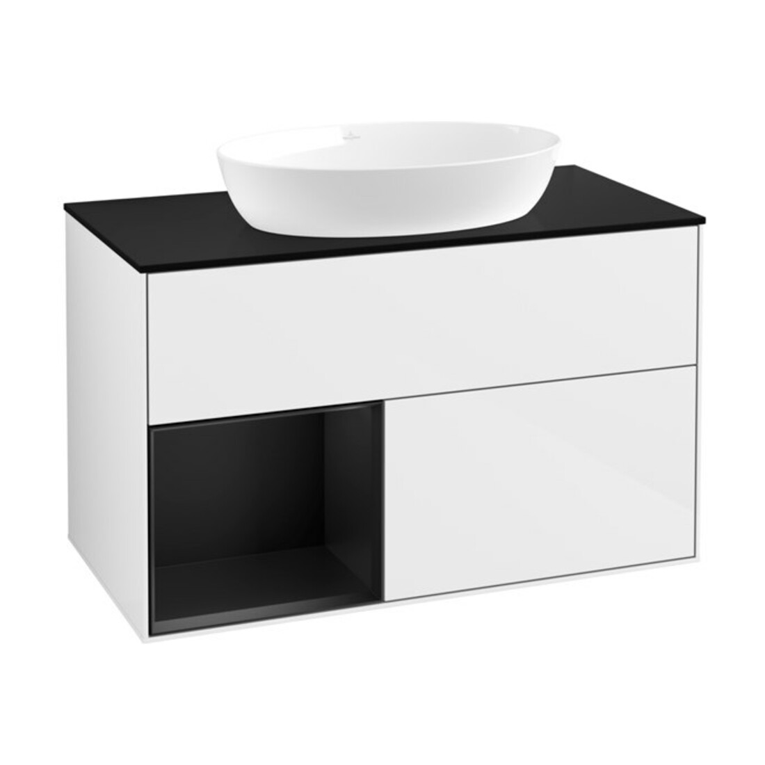 V&B Meuble sous-lavabo Finion 100, placage bois, tiroir bleu mat laqué, blanc brillant laqué