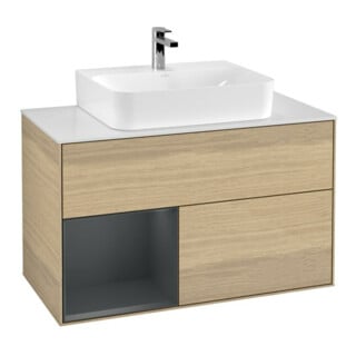 V&B Meuble sous lavabo Finion 100, placage bois, tiroir gauche avec blanc mat, ouverture à pression